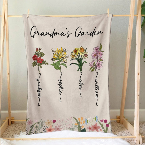 Personalized Grandma's Garden Blanket, Birth Flower Soft Cozy Sherpa Fleece Throw Blankets