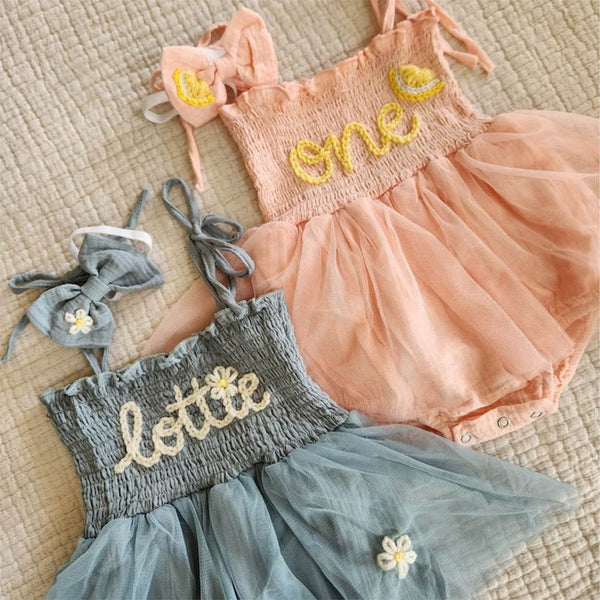 Custom Name Tutu, Hand Embroidered Baby Romper, Personalized Birthday Outfit