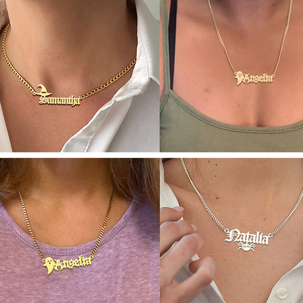 Bat name necklace, personalized old english name necklace with bat, old english alphabet necklace, old english name jewelry, gift for bat lovers