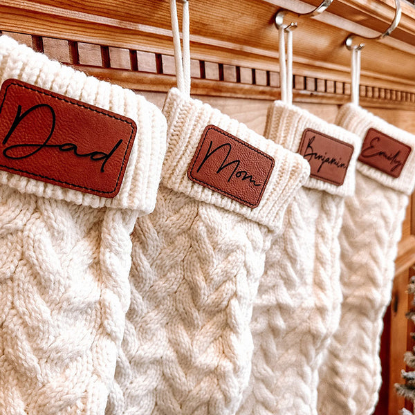 Personalized Cable Knit Stockings for Christmas, Stockings with Leather Patch