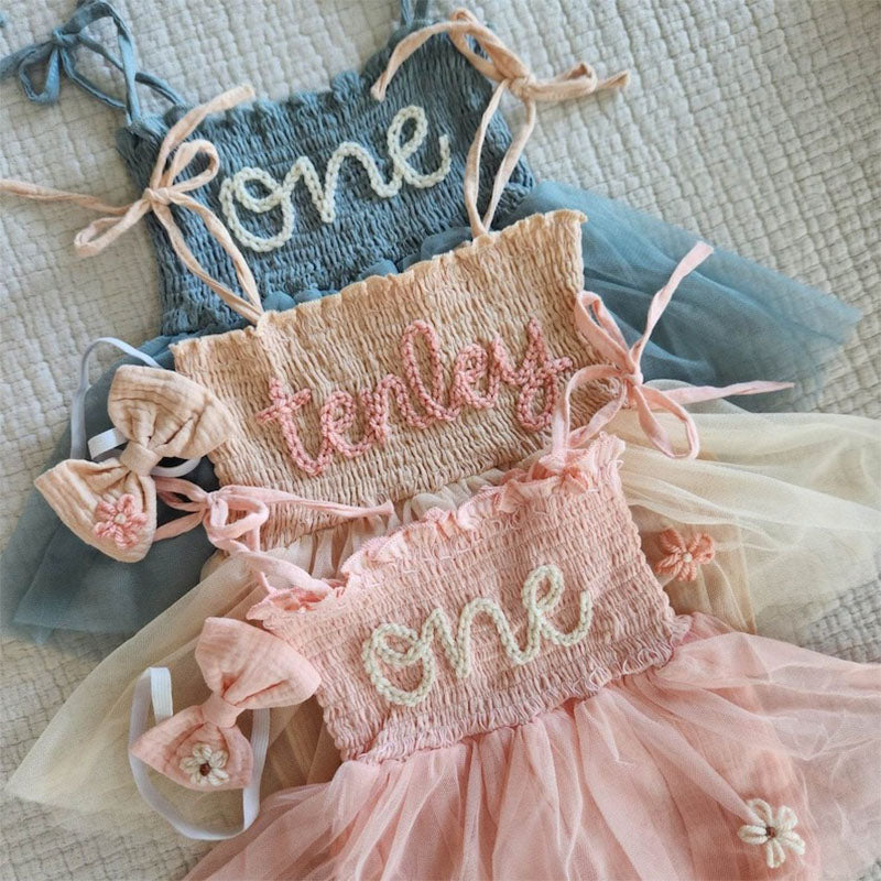 Custom Name Tutu, Hand Embroidered Baby Romper, Personalized Birthday Outfit