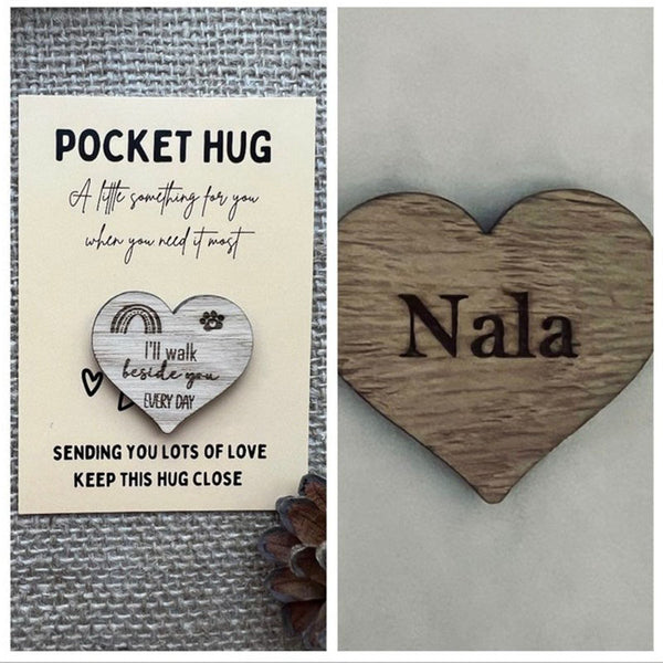 PET POCKET HUG -  Personalised Oak Wood Heart With Card - Rainbow Bridge