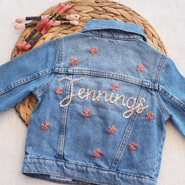 Custom Hand Embroidered ， Hand Lettered Denim Jacket Toddler, Kid Sizes