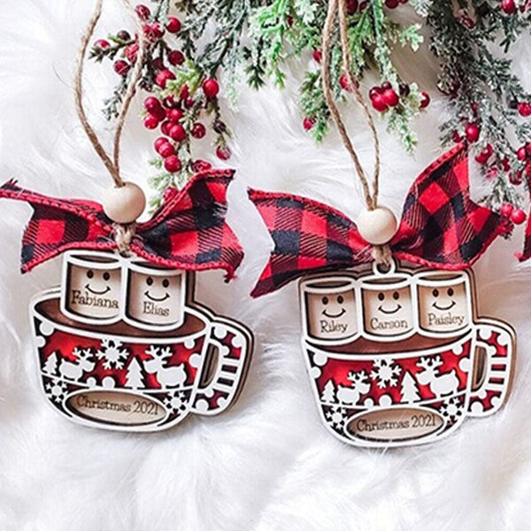 Personalized Tree Ornament, Family Names or 1st Married Christmas. Marshmallows in mug of Cocoa