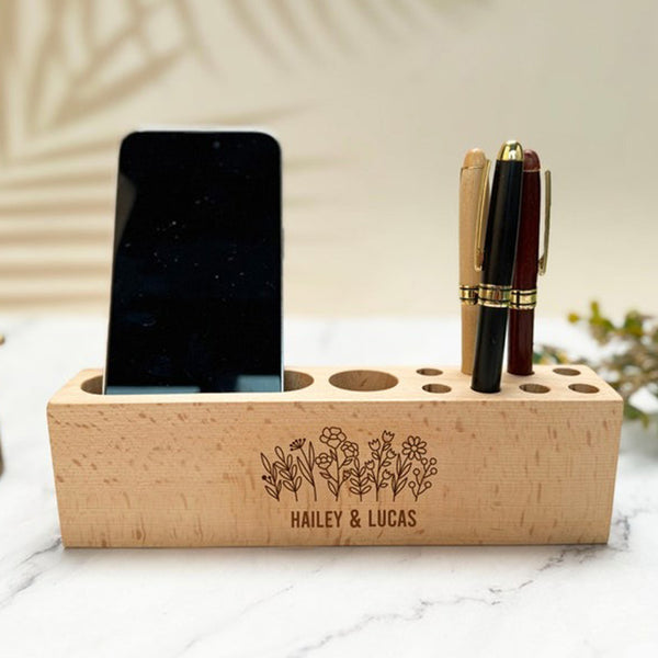 Personalized Wooden Desk Organizer and Name Tag Pen Holder, Desk Pen Holder with Phone Holder