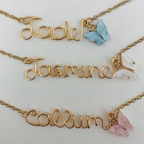 Gold Name Necklace, Lockdown Birthday Gift, Personalised Necklace, Butterfly Name Necklace, Personalised Name Necklace, Wire name necklace