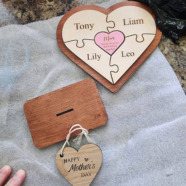 Personalized Heart Puzzle Piece Sign,Custom Family Wooden Heart Puzzle,Engraved Name Puzzle