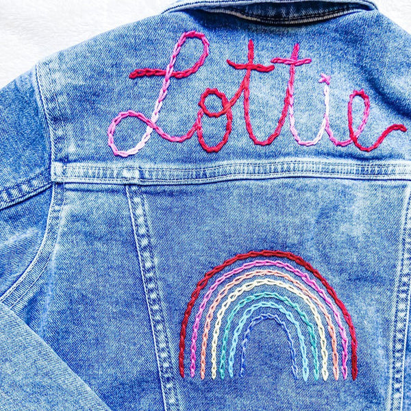 Custom Hand Embroidered ， Hand Lettered Denim Jacket Toddler, Kid Sizes