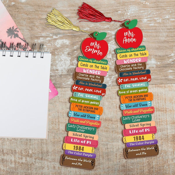 Personalized book stack bookmark gift for teacher, customized teacher gift