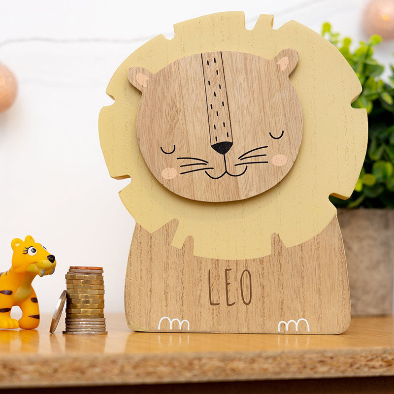 Personalised Engraved Lion Money Box Bank - Kids Savings Pocket Money Piggy Bank - Wooden Animal Money Box Gift for Babies and Children