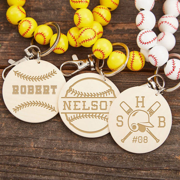 Baseball Wristband Keychain, Personalized Baseball/Softball Keychain, Wooden Bead Keychain