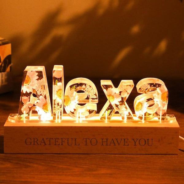 Personalized color letter dried flower resin name lamp, Custom real flower color night light