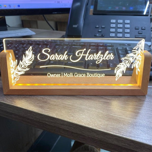 Personalized Desk Name Plate with Wooden Base, Lighted Acrylic Nameplate