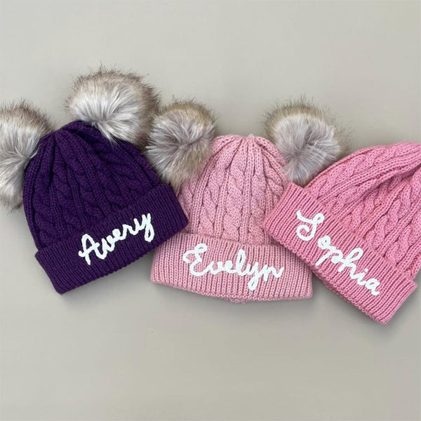 Cute Kids Personalized Name Embroidered Winter Hat with Pom Pom