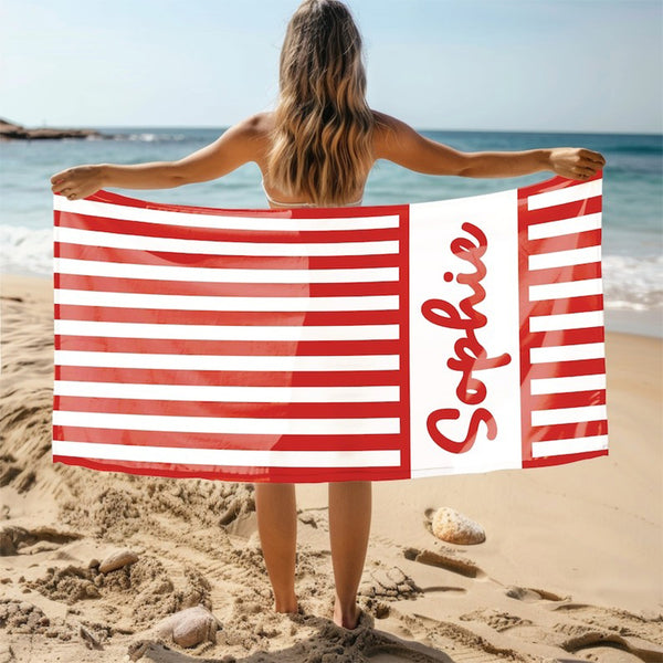 Personalized stripe Name Beach Towel, Oversized Custom Monogram Pool Towel