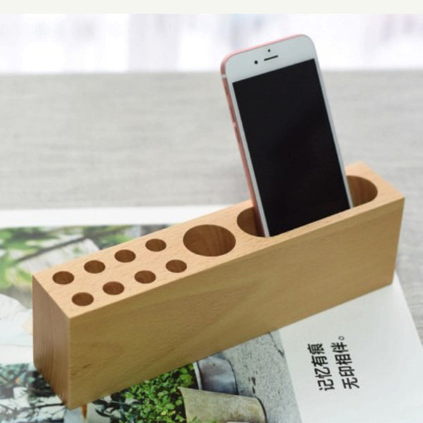 Personalized Wooden Desk Organizer and Name Tag Pen Holder, Desk Pen Holder with Phone Holder