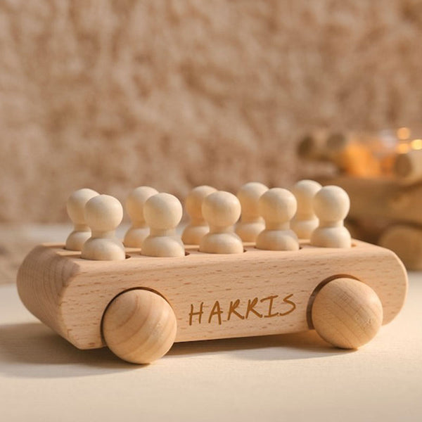 Custom Wooden Toy Bus, Beech Wood Bus With Peg Dolls