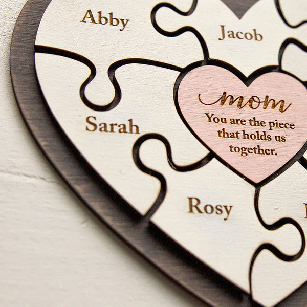 Personalized Heart Puzzle Piece Sign,Custom Family Wooden Heart Puzzle,Engraved Name Puzzle