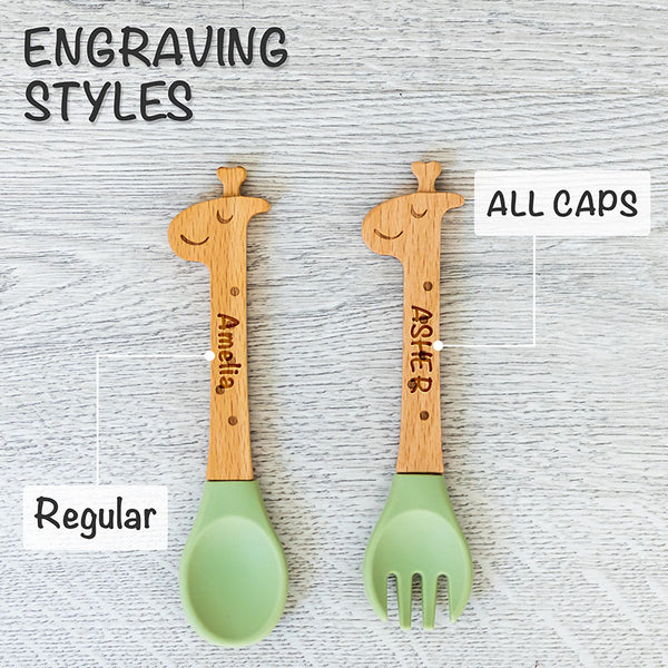 Personalized Spoon and Fork Set | Sweet Baby Giraffe | Laser Engraved | Baby Safe Silicone Weaning & Training Utensils | Baby Keepsake Gift