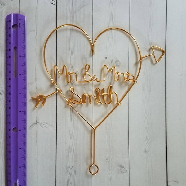 Arrow Initials Cake Topper Rustic Wire Personalized Custom Chic Name Wedding Heart Reusable Metal Industrial Copper Gold Elegant Simple