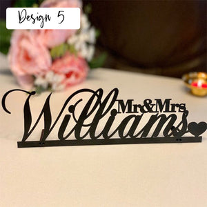 Tabletop Sign Personalized Custom Name Calligraphy Hashtag Laser Cut Mr and Mrs Wedding Table Sign