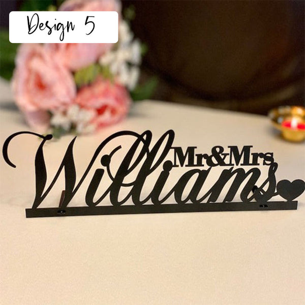 Tabletop Sign Personalized Custom Name Calligraphy Hashtag Laser Cut Mr and Mrs Wedding Table Sign