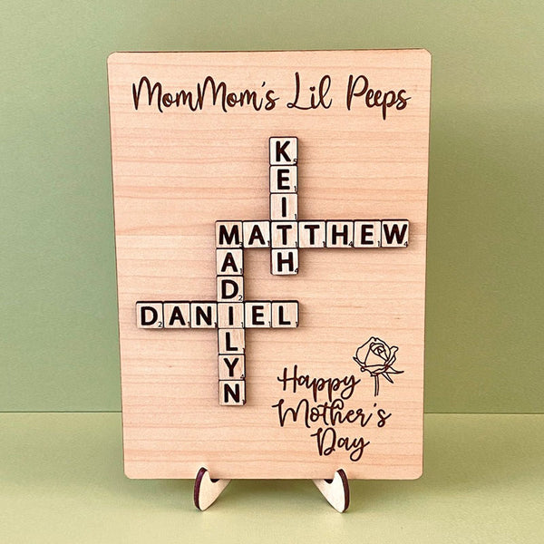 Wooden Mother's Day Card with Name Scrabble Tiles & Stand, Unique Gift for Grandma