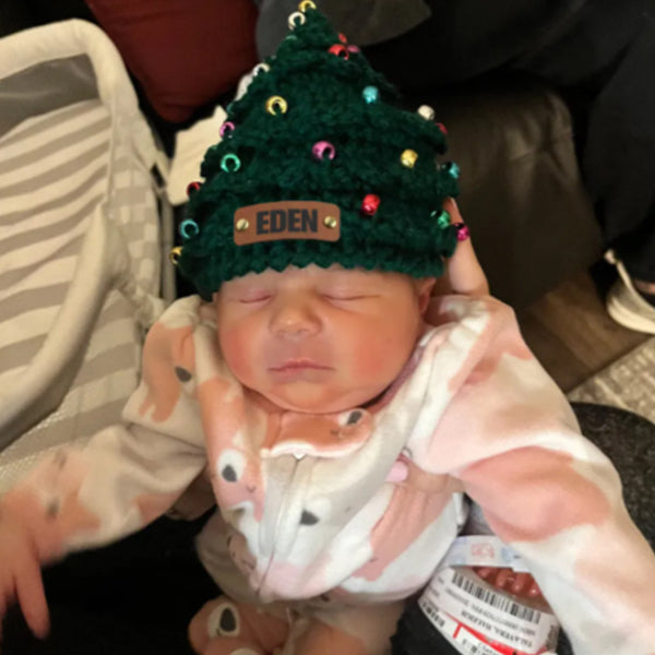 Personalized Leather Patch Christmas Tree Crochet Hat