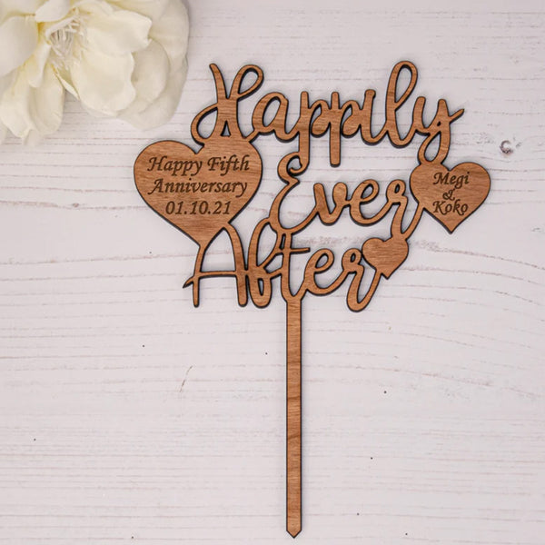 Wooden Wedding Cake Topper, Personalised Happily Ever After Wedding Cake Topper