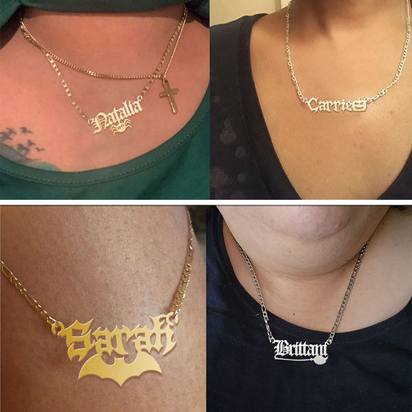 Bat name necklace, personalized old english name necklace with bat, old english alphabet necklace, old english name jewelry, gift for bat lovers