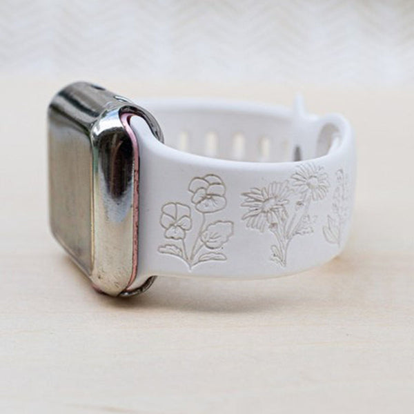 Birth flower Apple Watch band for women. Personalized watch strap. Custom name and phrase iwatch band