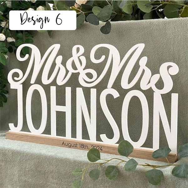 Tabletop Sign Personalized Custom Name Calligraphy Hashtag Laser Cut Mr and Mrs Wedding Table Sign