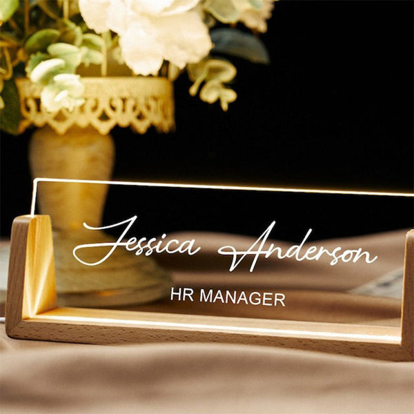 Personalized Desk Name Plate with Wooden Base, Lighted Acrylic Nameplate