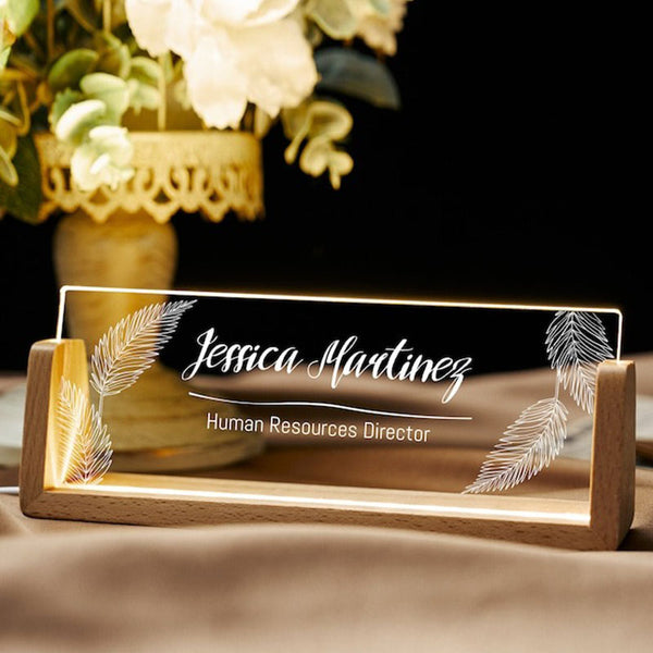 Personalized Desk Name Plate with Wooden Base, Lighted Acrylic Nameplate