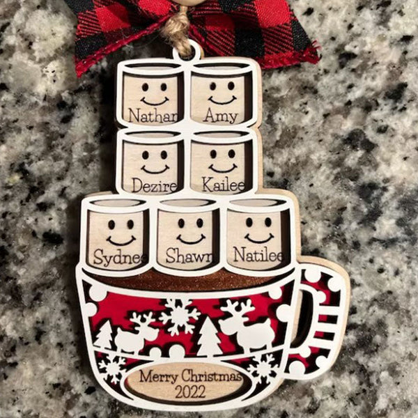 Personalized Tree Ornament, Family Names or 1st Married Christmas. Marshmallows in mug of Cocoa