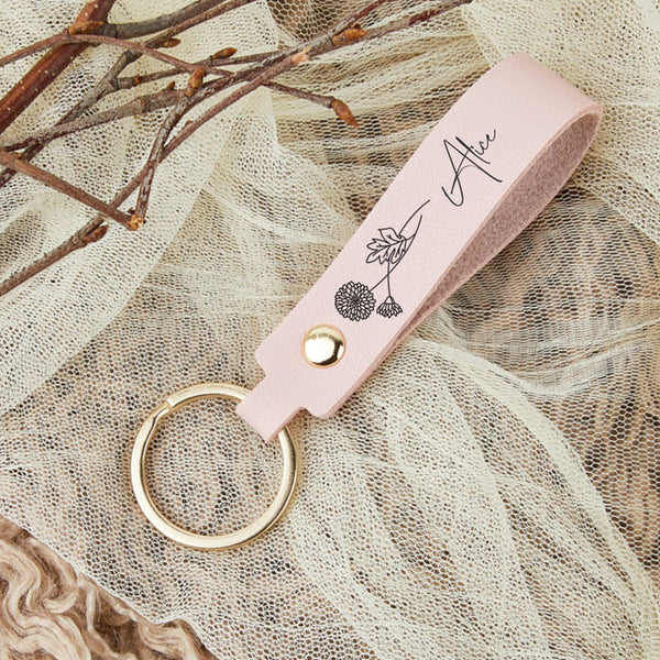 Personalized name keychain with birthday flower, customized keychain, bridesmaid gift, personalized gift, birthday gift, engraving technology