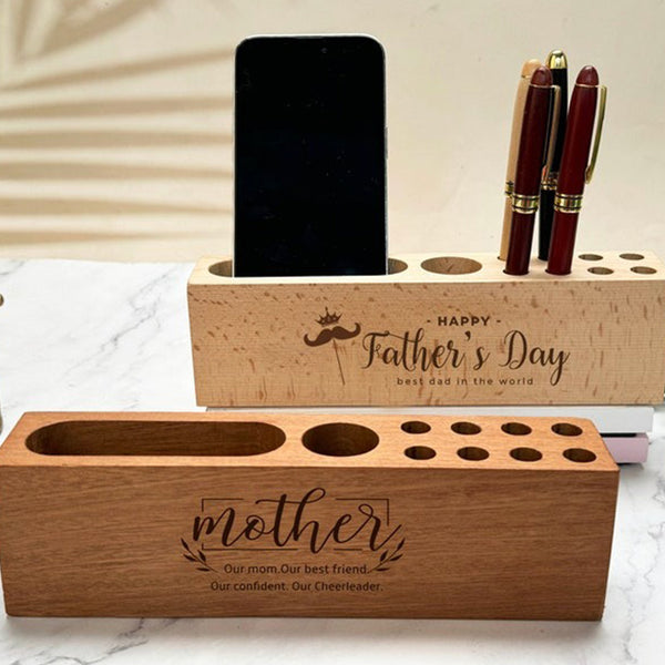 Personalized Wooden Desk Organizer and Name Tag Pen Holder, Desk Pen Holder with Phone Holder