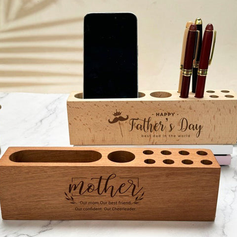 Personalized Wooden Desk Organizer and Name Tag Pen Holder, Desk Pen Holder with Phone Holder