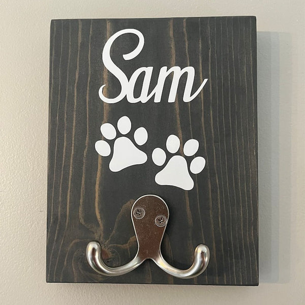 Personalized dog leash holder-custom pet leash-dog sign-wood leash holder