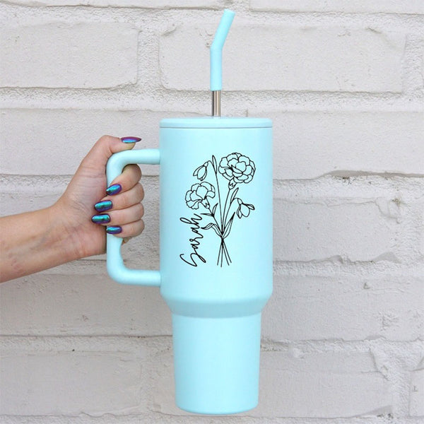 Personalized Birth Flower Custom 40oz Tumbler with Handle & Straw, Personalized Travel Cup