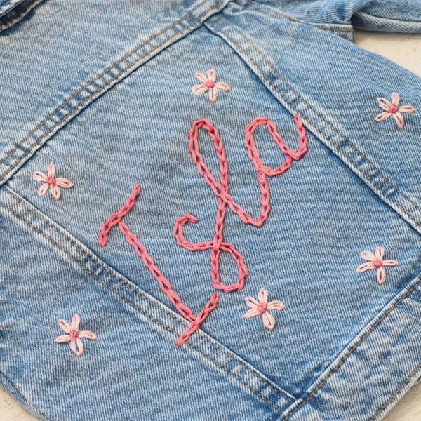 Custom Hand Embroidered ， Hand Lettered Denim Jacket Toddler, Kid Sizes