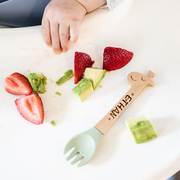 Personalized Spoon and Fork Set | Sweet Baby Giraffe | Laser Engraved | Baby Safe Silicone Weaning & Training Utensils | Baby Keepsake Gift