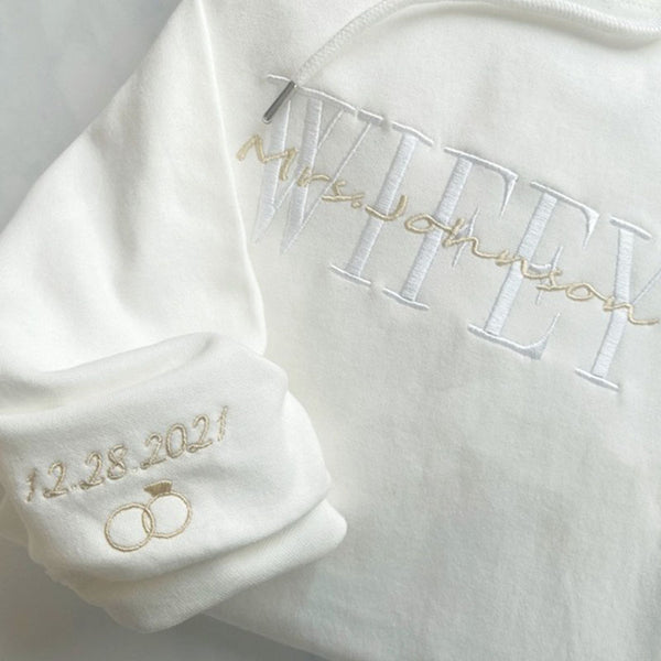 Personalized Embroidered Wifey Hubby Hoodie, Sweatshirt, Tees, Custom last name Bridal Crewneck