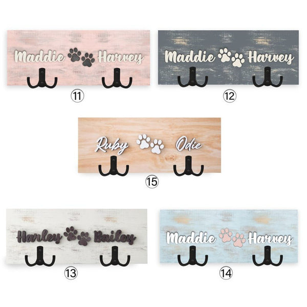 Personalized Dog Wood Leash Holder for 2/ 3 Dogs Raised Paw Name Sign Leash Hook Collar Holder