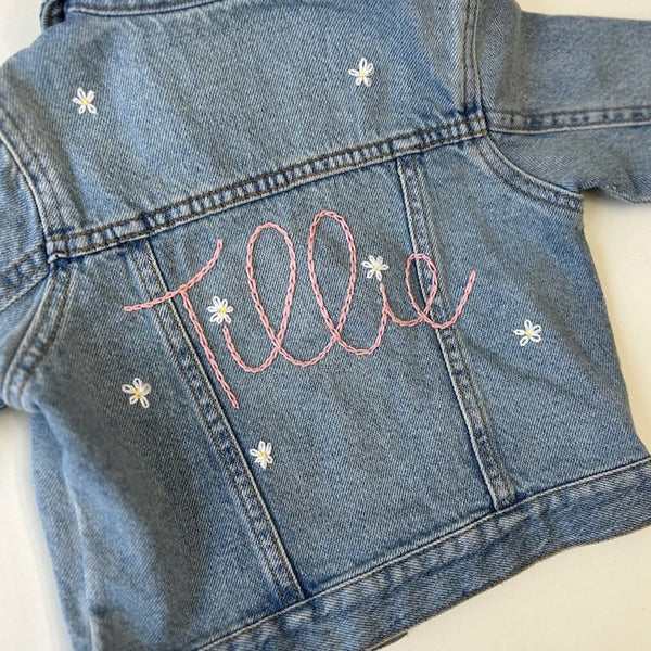 Custom Hand Embroidered ， Hand Lettered Denim Jacket Toddler, Kid Sizes