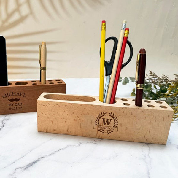 Personalized Wooden Desk Organizer and Name Tag Pen Holder, Desk Pen Holder with Phone Holder