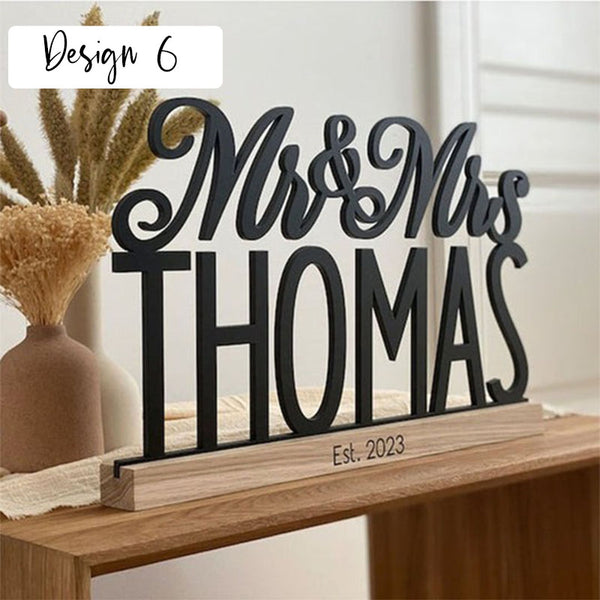 Tabletop Sign Personalized Custom Name Calligraphy Hashtag Laser Cut Mr and Mrs Wedding Table Sign