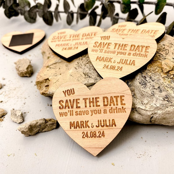 Save The Date Magnet + Cards, Rustic Wedding Wood Heart with Unique Funny Message Option