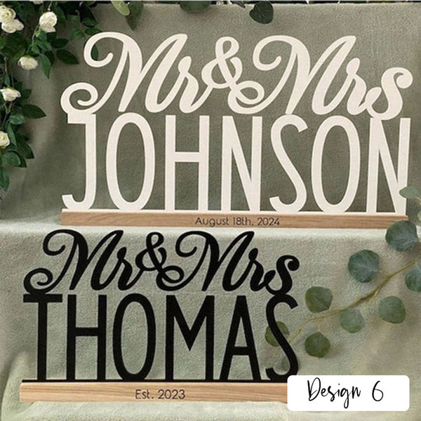 Tabletop Sign Personalized Custom Name Calligraphy Hashtag Laser Cut Mr and Mrs Wedding Table Sign