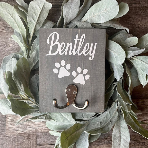 Personalized dog leash holder-custom pet leash-dog sign-wood leash holder